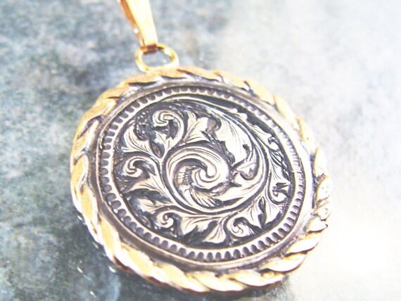 Hand Engraved Sterling Silver Scrollwork Pendant with Gold