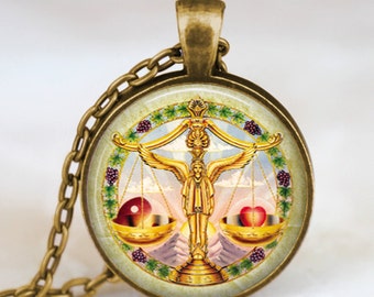 Libra necklace Libra sun sign pendant , Libra zodiac astrology glass dome art pendant bronze finish with gift bag