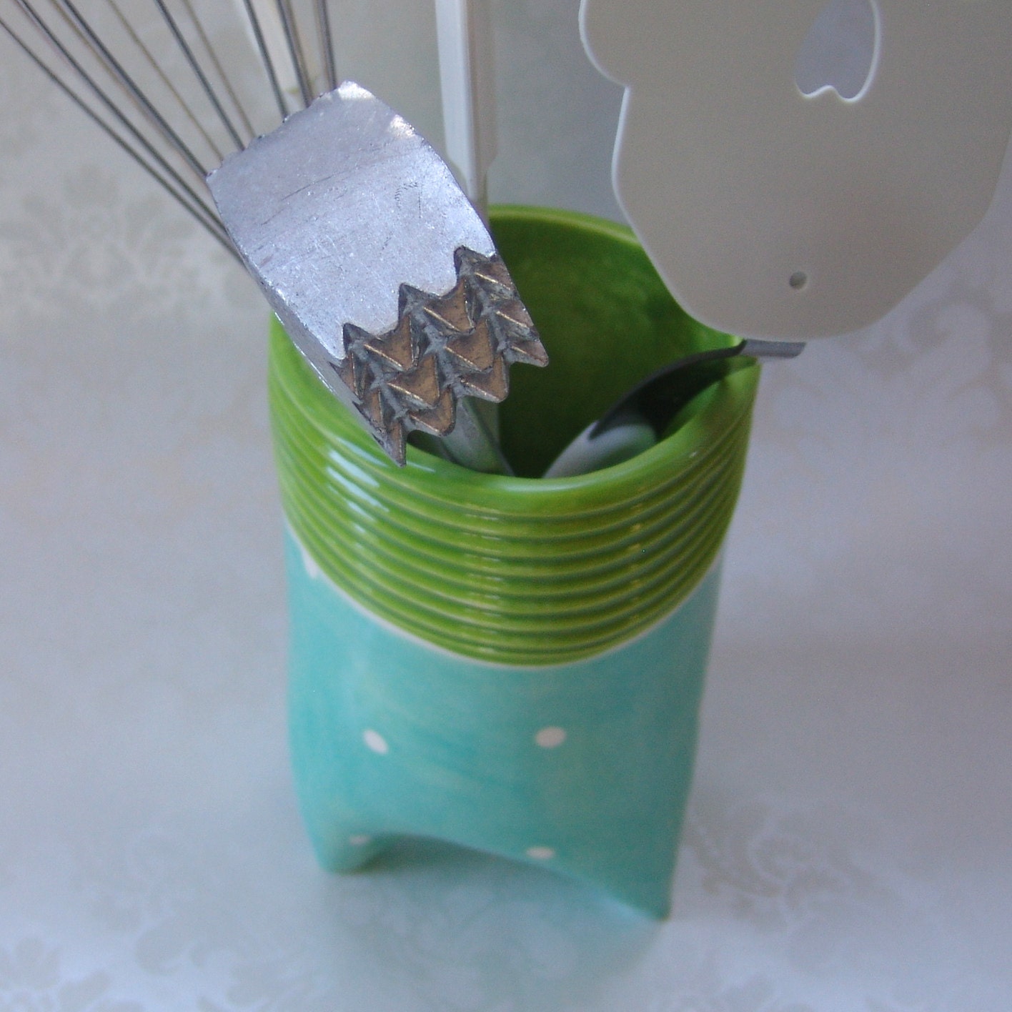 ceramic cup utensil holder vase turquoise lime kitchen