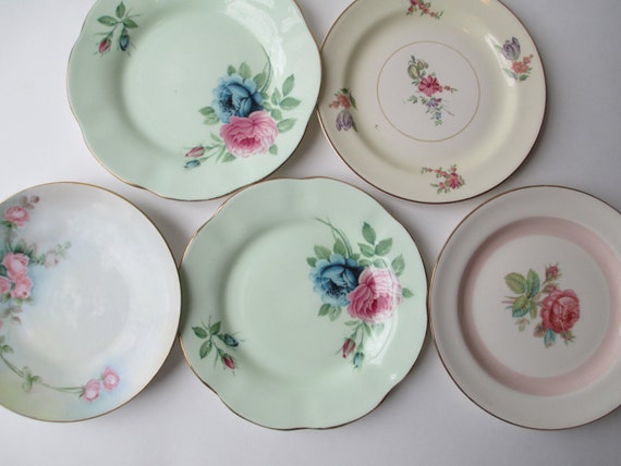 Vintage Pink Green Blue Floral Plate Collection of Five