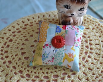Sweet Mini Floral Patchwork Pincushion with Vintage Button