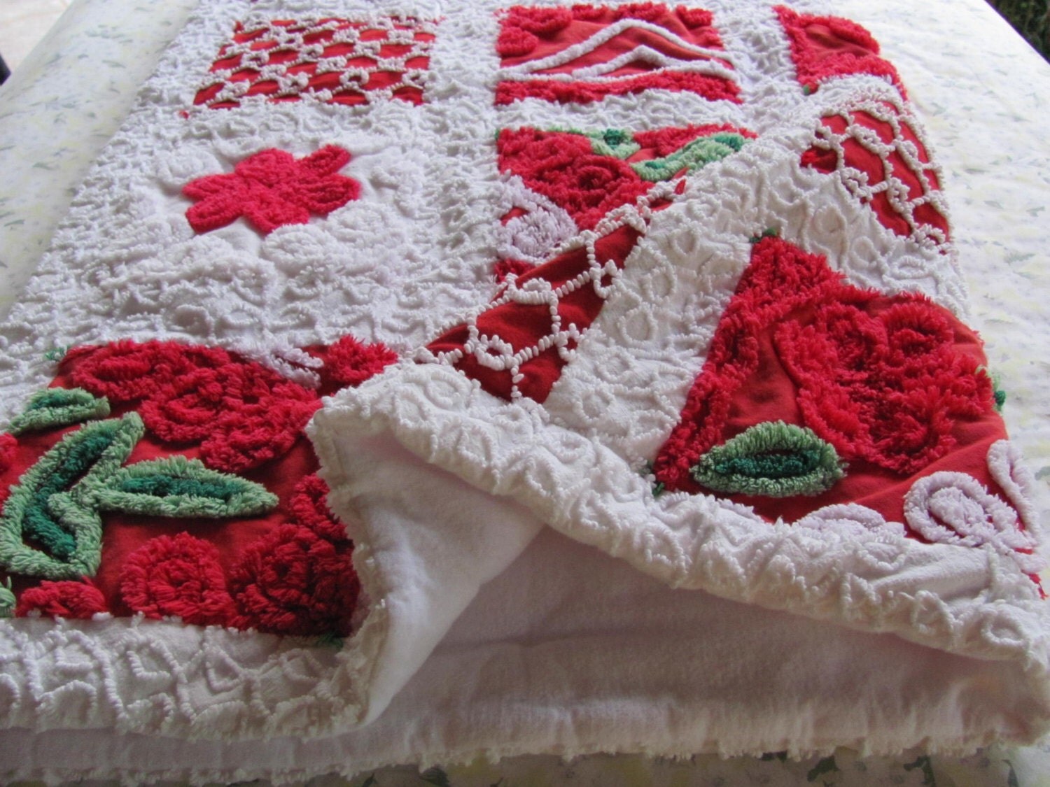 stunning red vintage chenille patchwork infant child quilt