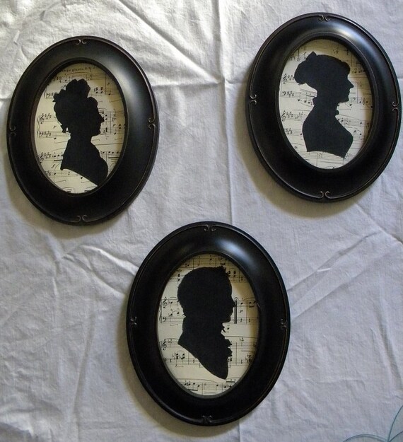 Vintage Style Oval Framed Jane Austen Style Silhouette on Antique Sheet Music - a Young Boy - Shabby Chic Downton Abbey Decor