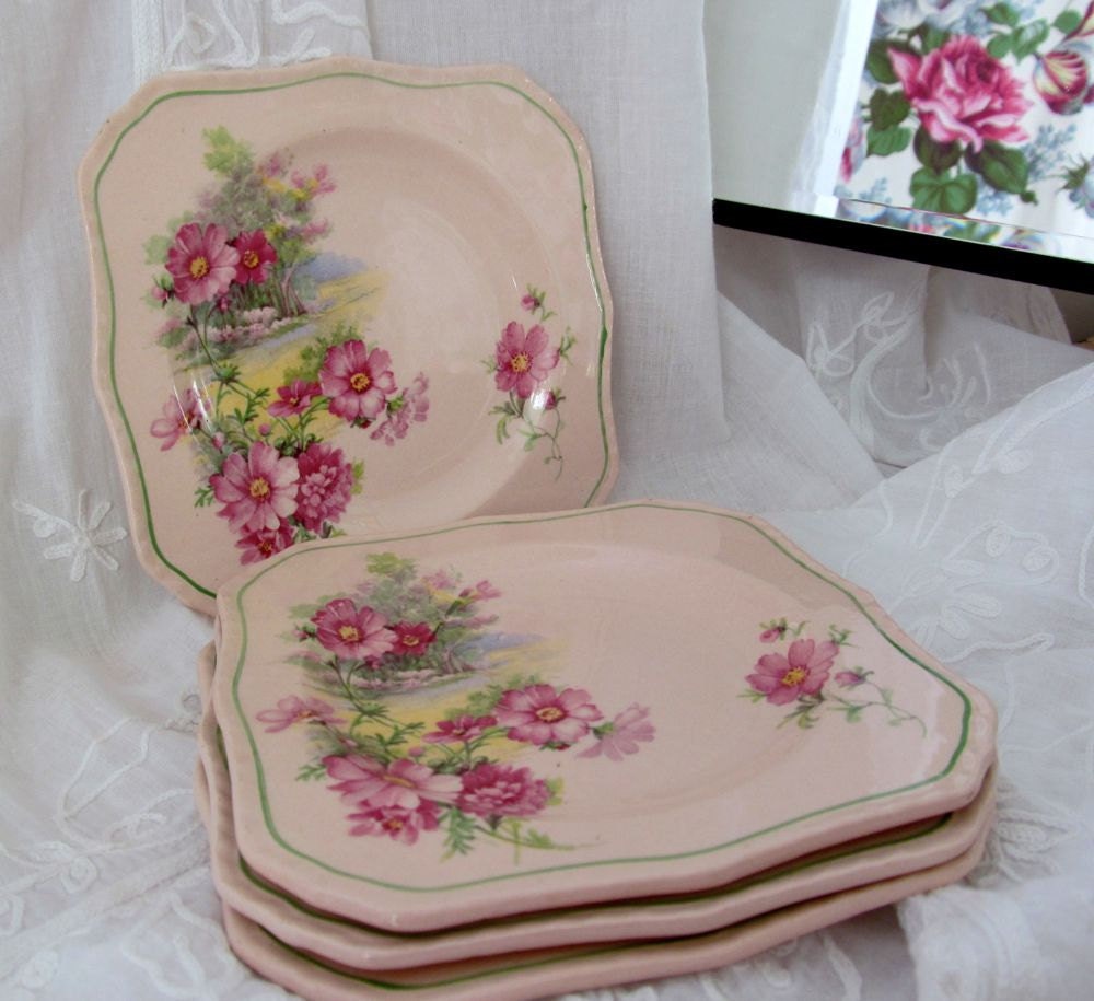 Four Vintage Plates Square Pink Floral Bread and Butter or