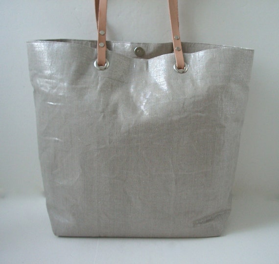 Tote Bag Metallic Silver Linen with Natural Leather Handles