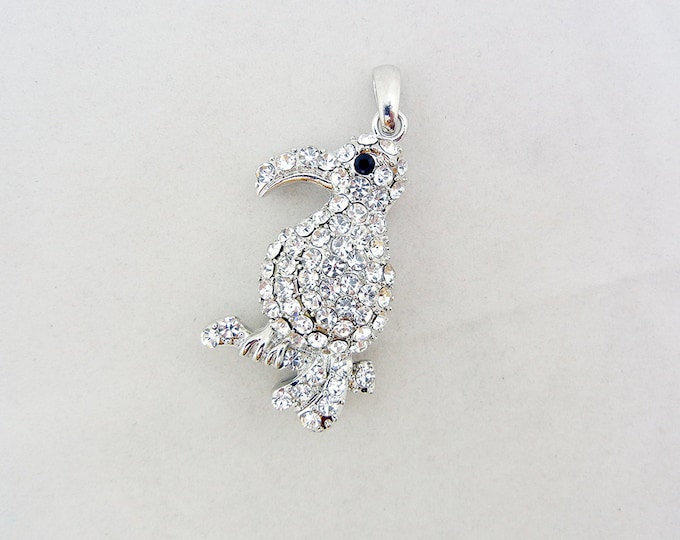 Silver-tone Rhinestone Encrusted Dimensional Toucan Bird Pendant