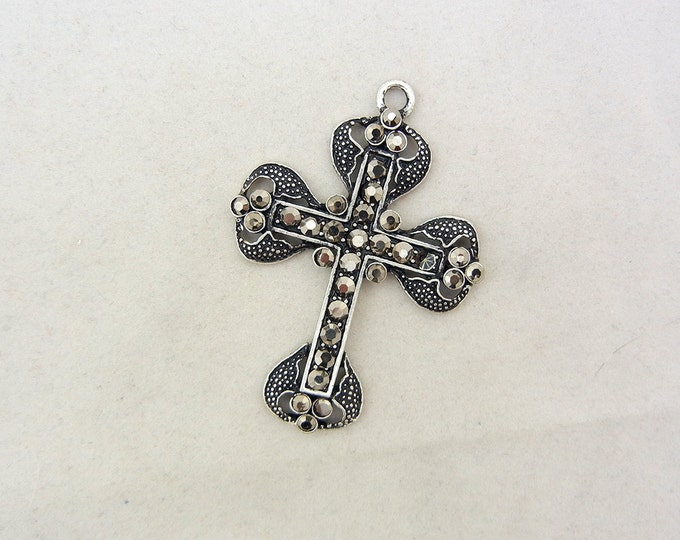 Antique Silver-tone Cross Charm Pendant Gray Rhinestones