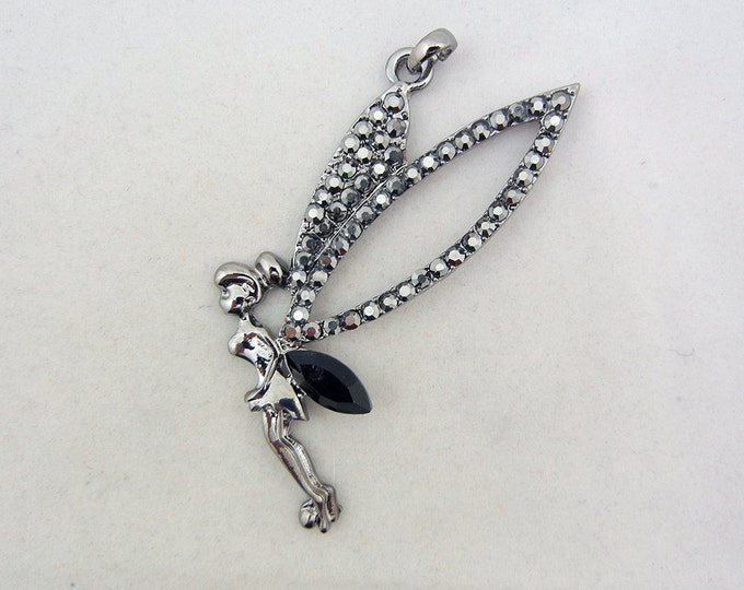 Black Silver-tone or Hematite Fairy Pendant Rhinestones