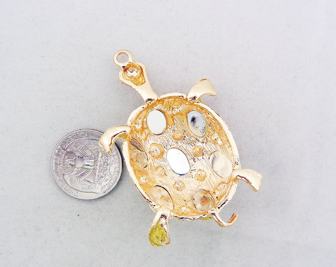 Textured Gold-tone Turtle Pendant with Clear Acrylic Cabochons