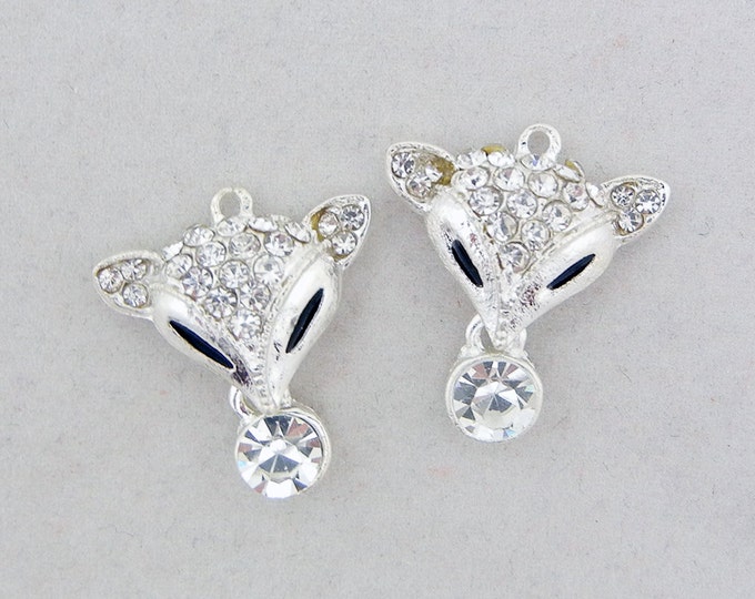 Pair of Rhinestone Fox Head Charms Silver-tone