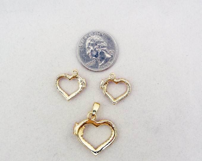 Set of Outline Pink Rhinestone Heart Charms and Pendant Gold-tone