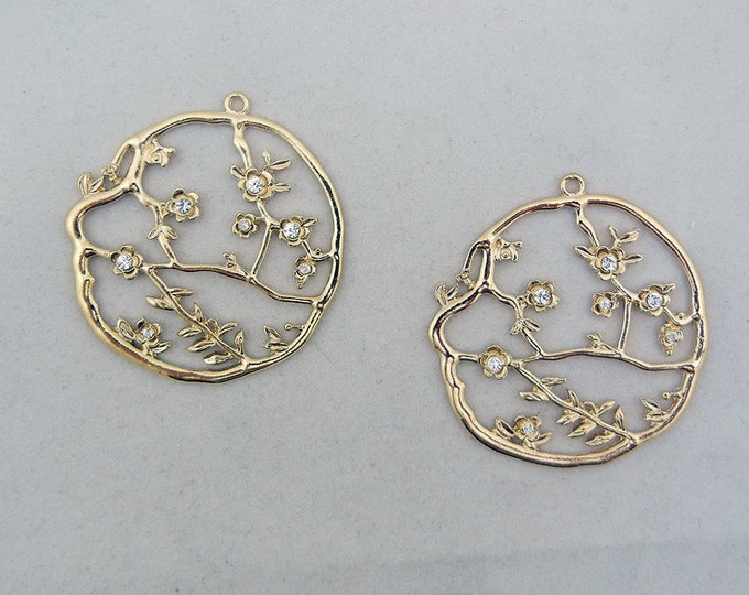 Pair of Gold-tone Tree Branches Rhinestone Flower Charms