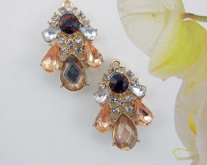 Pair of Small Peach and Dark Topaz Rhinestone Drop Charms Gold-tone