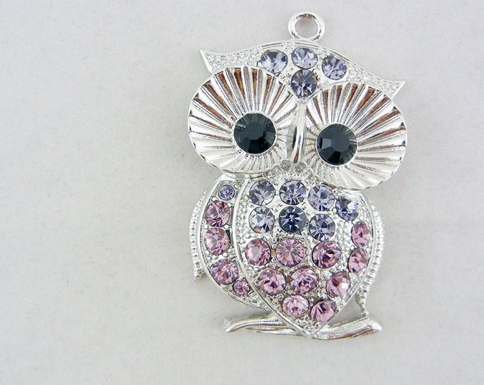 Blue Purple and Light Purple Rhinestone Encrusted Silver-tone Owl Pendant