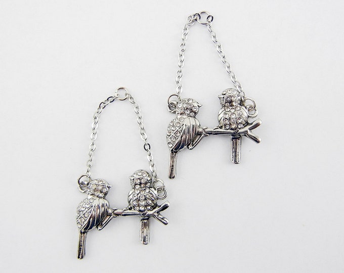 Pair of Silver-tone Birds on a Branch Drop Charms Rhinestone