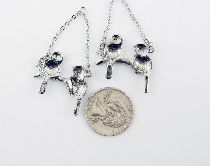 Pair of Silver-tone Birds on a Branch Drop Charms Rhinestone