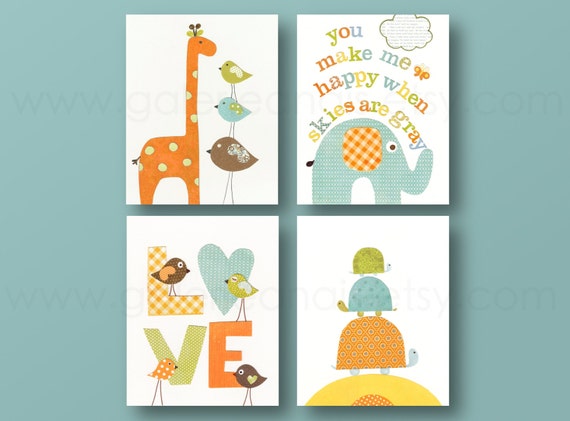 You make me Happy - Orange green and yellow - kids room decor baby art nursery turtle giraffe birds elephant nursery Set of four prints by GalerieAnais