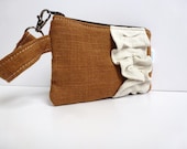 Brown Linen Smartphone Wallet with Cream linen Ruffle  - Handmade