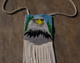 Eagle Leather Amulet Bag Hand Made Seed Beaded Native Inspired