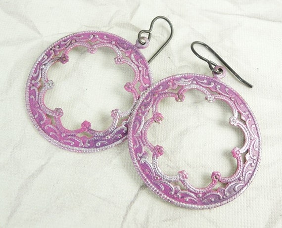 SALE Bohemian hoop earrings, Ruby Pink and Silver, Hand painted Natural Brass