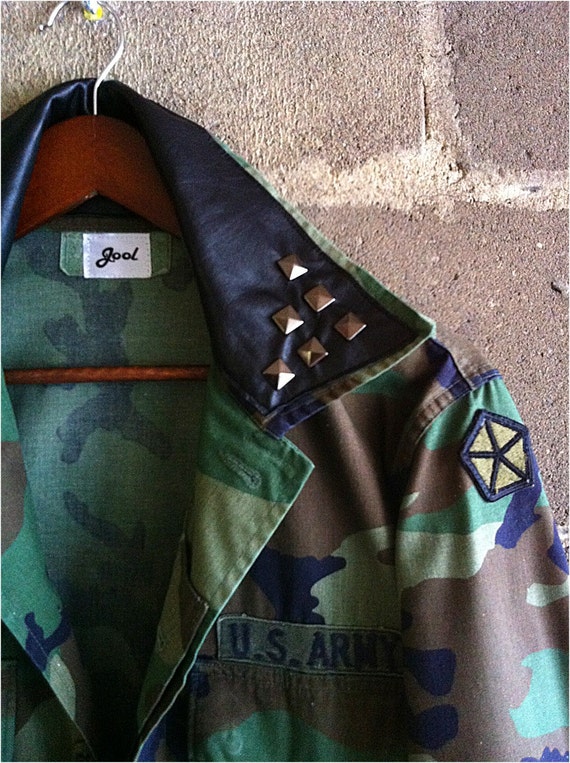 UPCYCLED Vintage Military Camo Jacket. Leather and Studded.