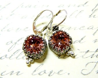 Vintage Sterling Silver Tiara Crown like bezel with Antique Pink Swarovski Crystal Earrings - Wedding