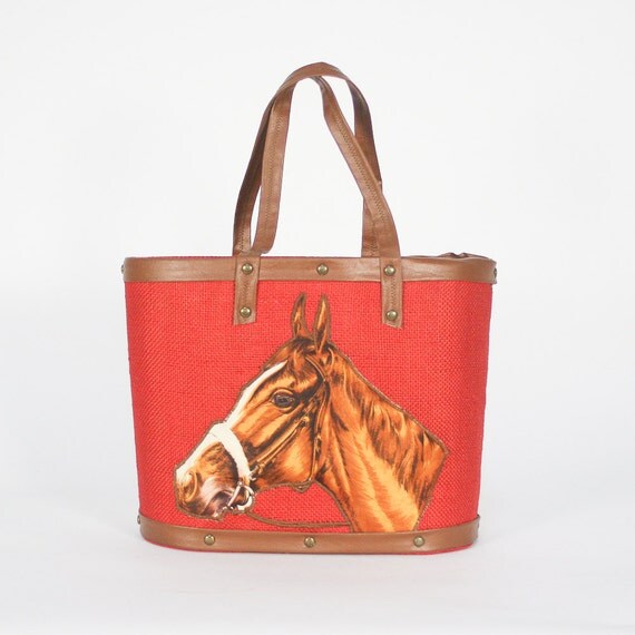vintage red straw handbag with horse head  by dustyrosevintage