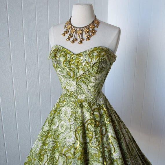 vintage 1950s green floral cotton FULL