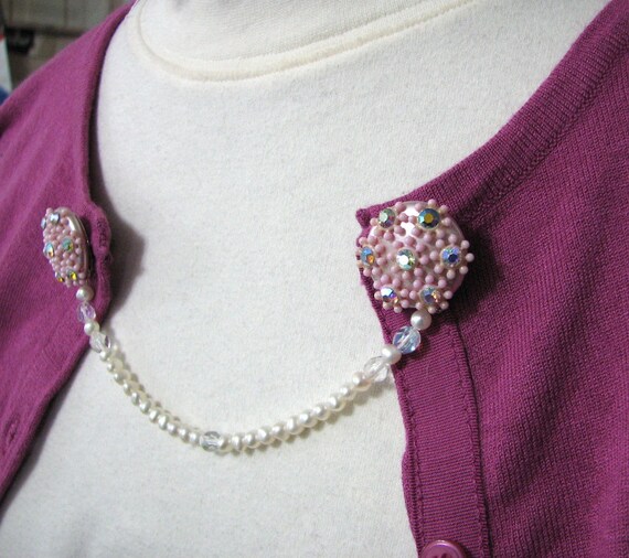 Sweater Clip Pink Rhinestones Pearls Upcycled 50's Inspired Jewelry