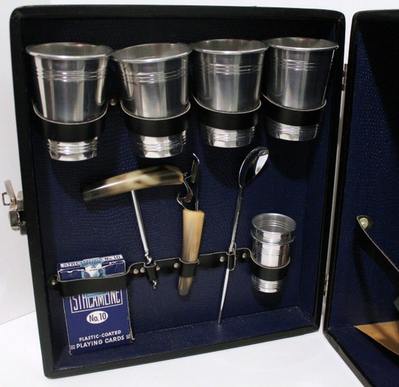 Vintage Portable Travel Bar Case Liquor Party Kit with Key