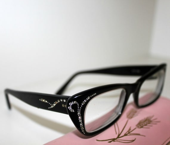 Vintage Black Eyeglasses Cat Eye Glasses Rhinestone Prestige