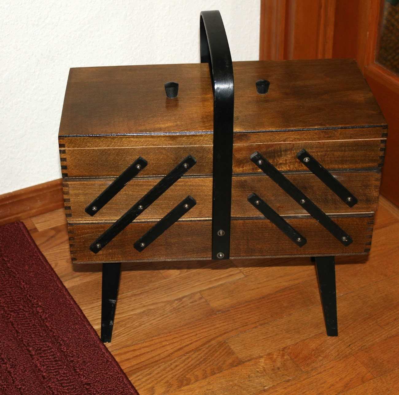 Vintage Sewing Box on Legs 3 Tier Folding Fold Out Accordion