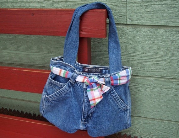 Items similar to Handmade Jean Denim Purse Bag with pretty plaid/stripe belt bow on Etsy