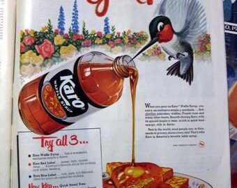 1958 Karo Syrup Ad Cute Hummingbird Artwork