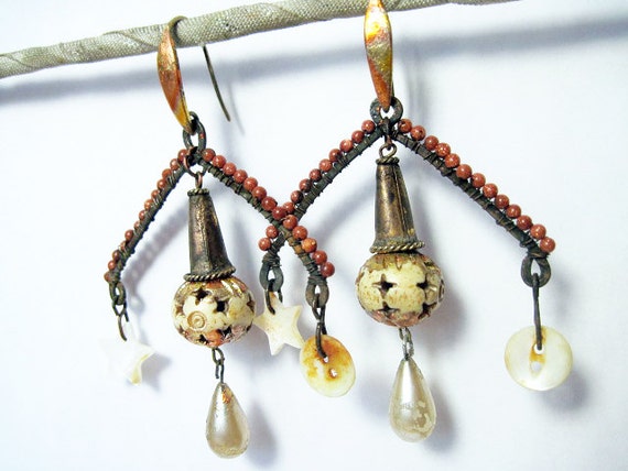 The Stars that Shudder. Rustic Tribal Gypsy Earrings with bone, mop, goldstone and gold leaf.