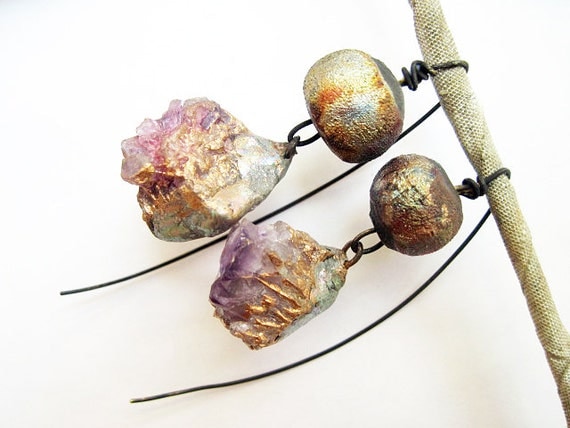 I Seem to Myself Like Someone's Dream. Cosmic Rustic earrings with rough amethyst and raku.