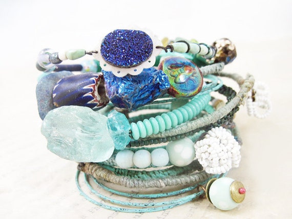 Liquid Light. Blue Green Rustic Gypsy Bangle Stack, bracelet set.