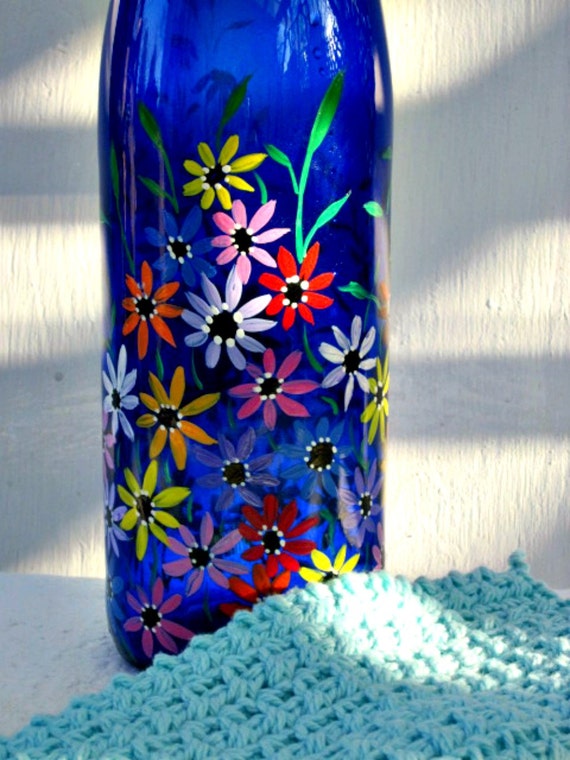Recycled Blue Wine Bottle Dish Soap Dispenser Hand Painted