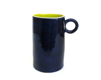 festive hand built porcelain cup ... cobalt and chartreuse inside