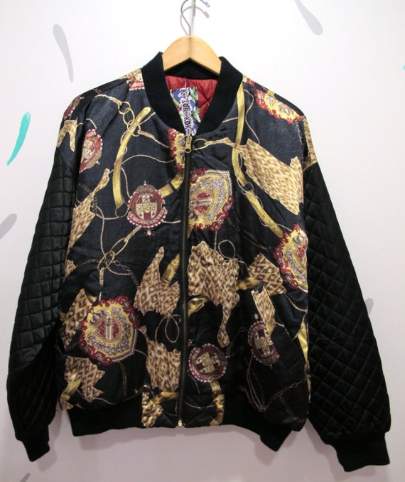 80s Silky Quilted Bomber Jacket Scarf Print Reversible
