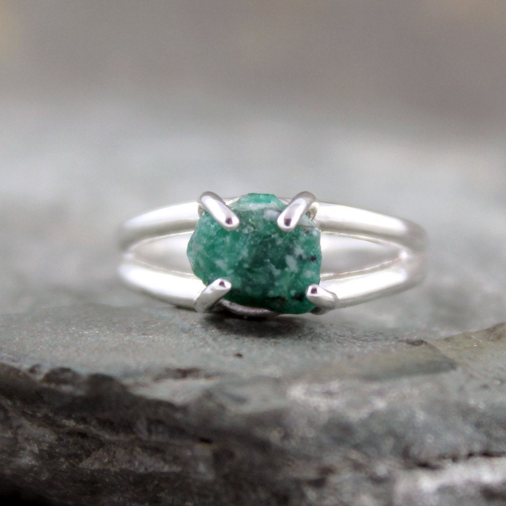 Uncut Raw Rough Emerald Ring Sterling Silver Solitaire