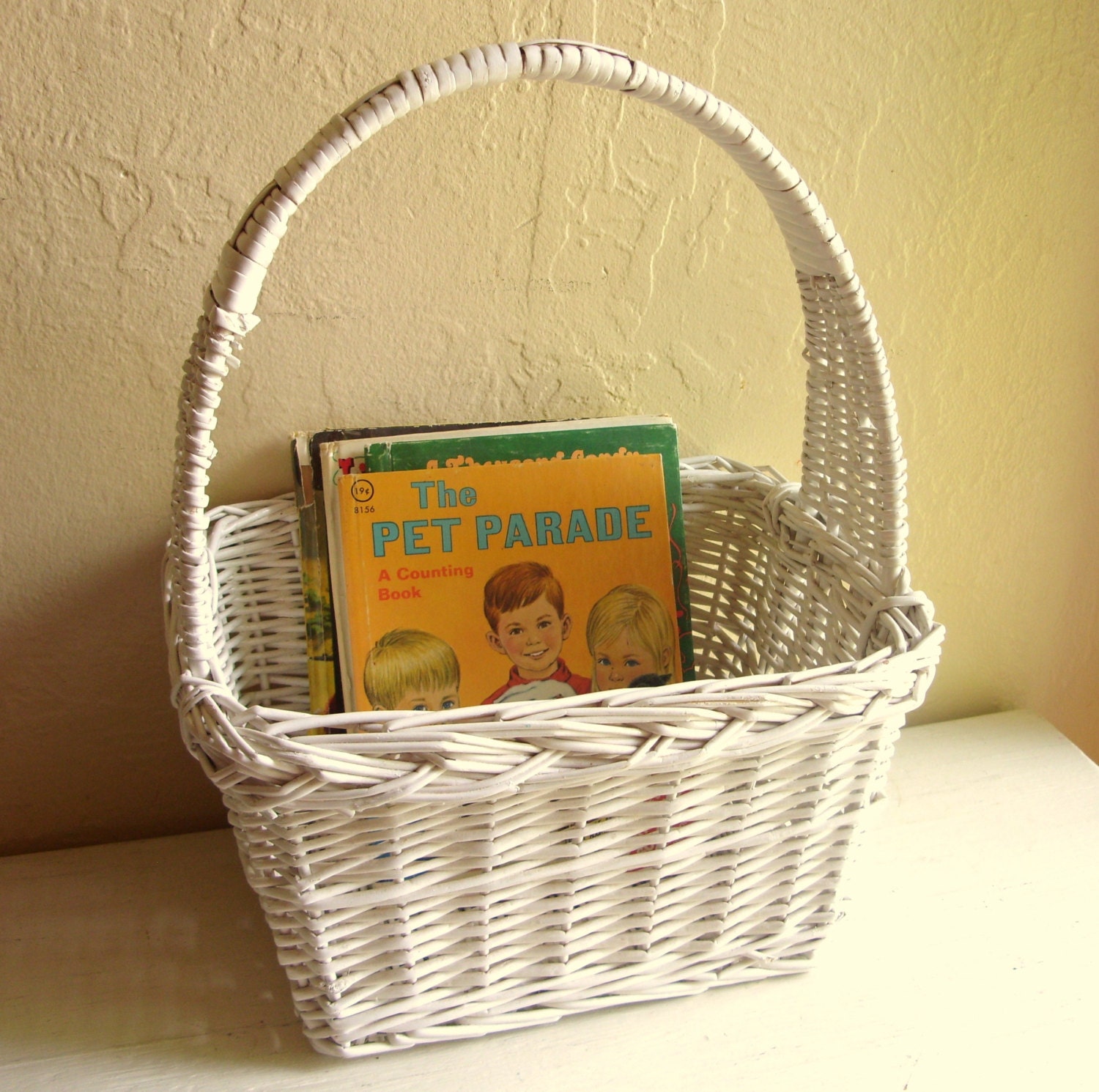 Large Classic White Wicker Basket with Tall Handle