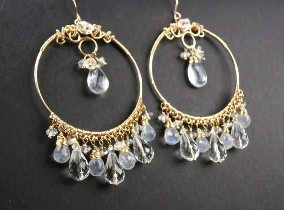Items similar to Gold Hoop Chandelier Earrings Wire Wrapped Rock ...