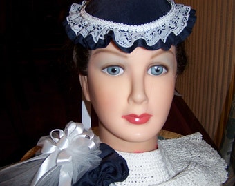 Ladies Civil War Hat and Reticule Navy with White Braid and Satin Ribbons