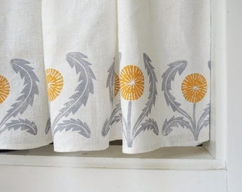 Dandelion linen cafe curtains or valance gray yellow green coral taupe 27 x 27 inch modern kitchen home decor two panels hand block printed