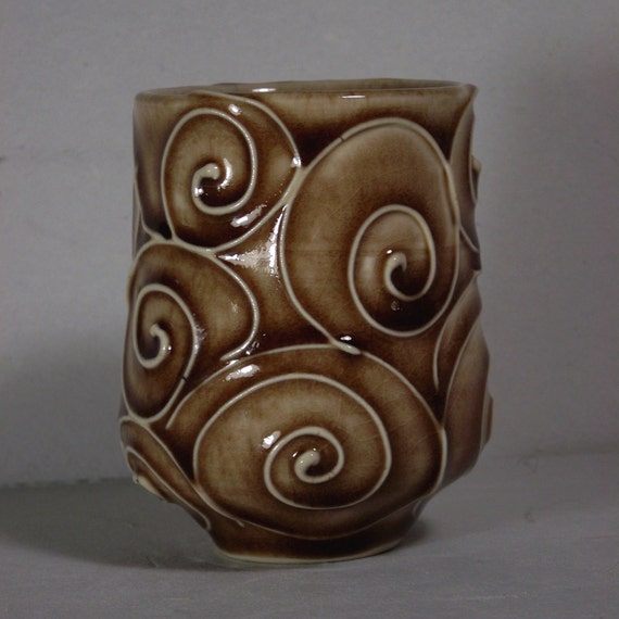 Items similar to Brown vase with slip trailed decoration ...