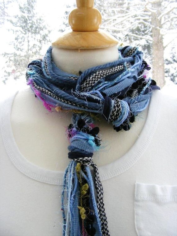 Extra Long Fuzzy Fiber Layered Scarf in Denim by meiguidesigns