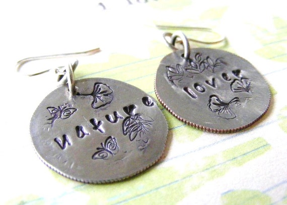 Nature Lover Hand Stamped Antique Silver Disc by meiguidesigns
