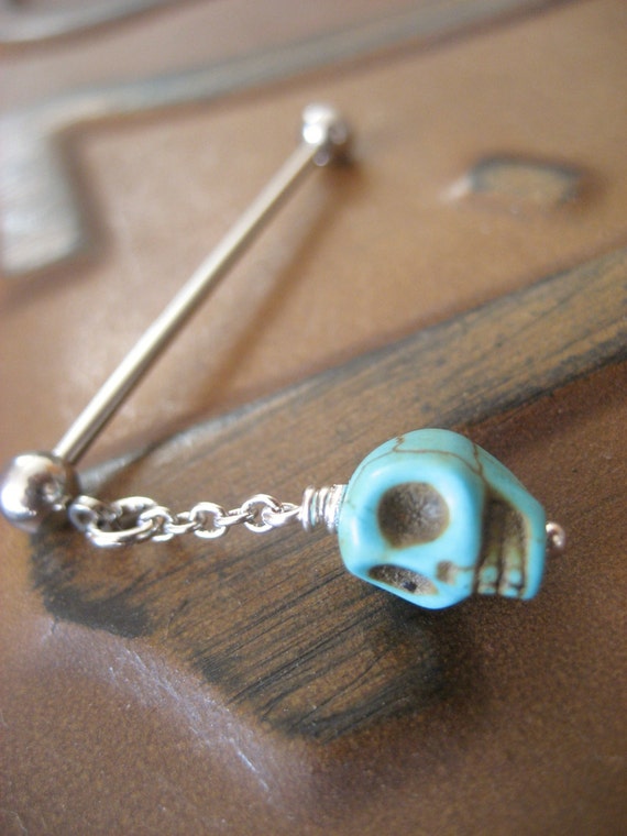 Industrial Barbell Piercing Jewelry Turquoise Blue Skull Charm