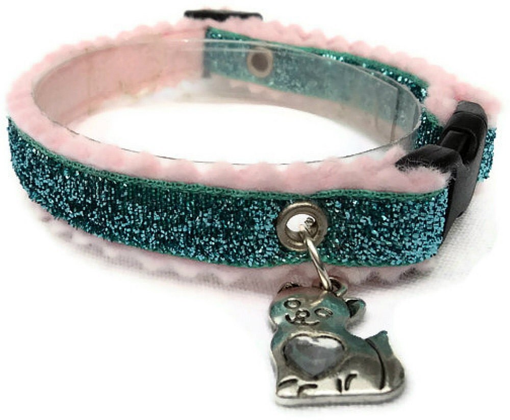 Glitter Cat Collar Breakaway Turquoise with Kitty Charm